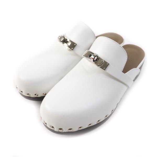 美品★HERMES エルメス Carlotta カルロッタ シルバー金具 ケリーバックル レザー ミュール ホワイト 36 箱・保存袋付き 伊製 レディース HERMES（エルメス） 美品☆HERMES Carlotta カルロッタ シルバー金具