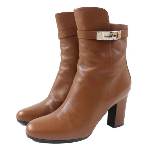 美品◎HERMES エルメス JOUEUSE ジュウーズ シルバー金具 ケリー金具 レザー ショートブーツ ブラウン 38.5 イタリア製 レディース brand-td-store_00021661