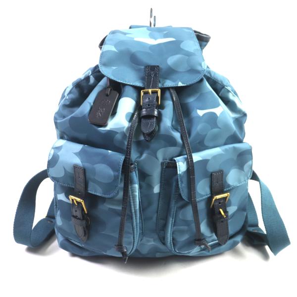未使用品▼Felisi フェリージ 15/56 総柄 クロコ型押し レザー使い 巾着 ナイロンリュック・デイパック ブルー系 イタリア製 メンズ 定価79,200円 brand-td-store_00021791