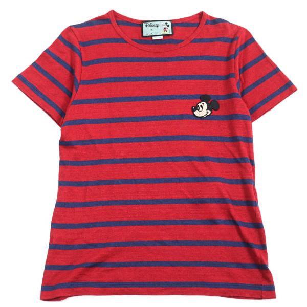 美品○GUCCI×Disney グッチ×ディズニー 598971 リネン70%　 ミッキーワッペン ロゴタグ付き 半袖Ｔシャツ ボーダー柄 XS 正規品 メンズ 美品○GUCCI×Disney グッチ×ディズニー 598971 リネン70% ミッキー
