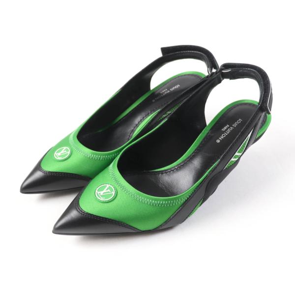 極美品▲LOUIS VUITTON ルイヴィトン アークライトライン サテン ラバーロゴ バックストラップ パンプス オレンジ ブラック 35.5 伊製 LOUIS VUITTON（ルイ・ヴィトン） 極美品☆LOUIS VUITTON アークライト