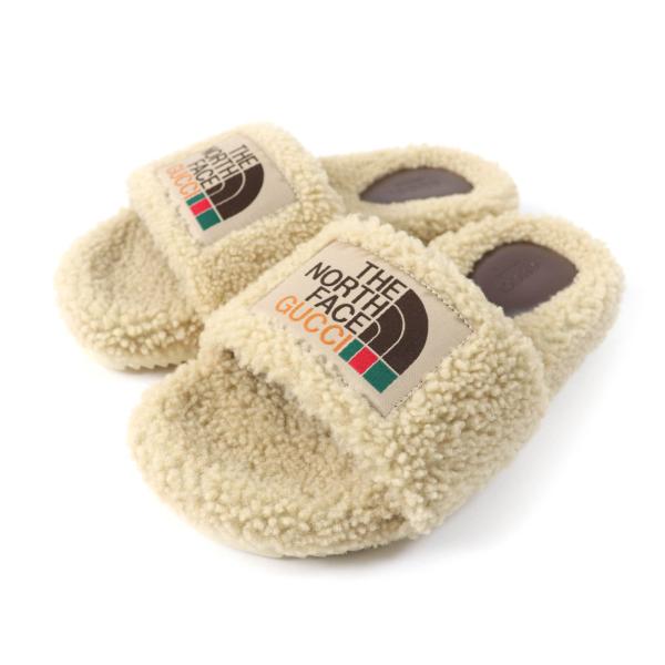 未使用品★GUCCI×THE NORTH FACE グッチ×ザ・ノースフェイス 679948 ロゴパッチ付 ムートン ボア サンダル ベージュ 36 保存袋付き 伊製 未使用品☆GUCCI×THE NORTH FACE グッチ×ザ・ノースフェイス 679948