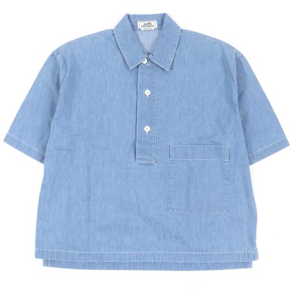 極美品□HERMES エルメス 23SS ハーフボタン パッチポケット プルオーバー 半袖シャツ インディゴブルー 37 フランス製 正規品 メンズ HERMES（エルメス） 極美品□HERMES 23SS ハーフボタン パッチポケット