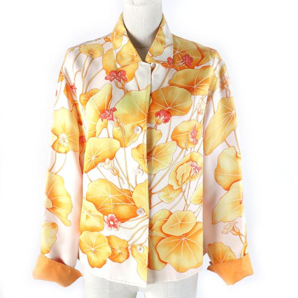 良品△HERMES エルメス ヴィンテージ マルジェラ期 Les Capucines 金蓮花 シルク100％ 長袖シャツ オレンジ系 38 フランス製 レディース HERMES（エルメス） 良品△HERMES ヴィンテージ マルジェラ期 Les