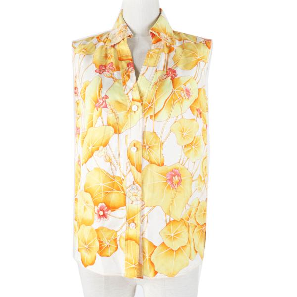 良品◎HERMES エルメス ヴィンテージ マルジェラ期 Les Capucines 金蓮花 シルク100％ ノースリーブシャツ オレンジ系 34 仏製 正規品 HERMES（エルメス） 良品◎HERMES ヴィンテージ マルジェラ期 Les