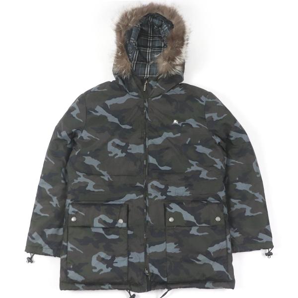 良品□BURBERRY BLACK LABEL バーバリーブラックレーベル ロゴ刺繍 カモフラ 裏チェック柄 ダウンジャケット カーキ系 M 正規品 メンズ BURBERRY BLACK LABEL（バーバリーブラックレーベル） 良品□BURBERRY