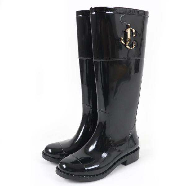美品☆JIMMY CHOO ジミーチュウ JCロゴ金具 ラバーブーツ レインブーツ ロングブーツ ブラック 35 保存袋付き イタリア製 レディース 美品☆JIMMY CHOO ジミーチュウ JCロゴ金具 ラバーブーツ レインブーツ