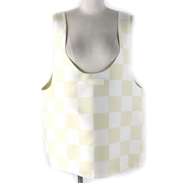 【ドンドン見直し】未使用品△VERSACE ヴェルサーチ 2023年 シルク混 ブロックチェック ノースリーブ トップス ベージュ ホワイト系 M ドンドン見直し】未使用品△VERSACE ヴェルサーチ 2023年 シルク混