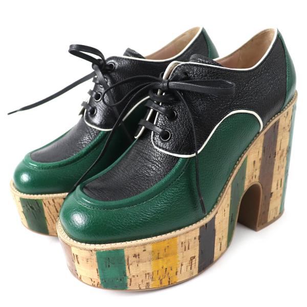 美品△MIUMIU ミュウミュウ ストライプ ウェッジソール 厚底 オックスフォード レザーシューズ グリーン ブラック 37.5 定価126000円 miu 美品△MIUMIU ミュウミュウ ストライプ ウェッジソール 厚底