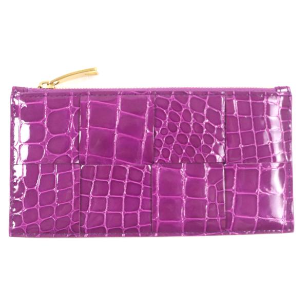 未使用品▼BOTTEGAVENETA ボッテガヴェネタ カセット ロングファスナー カードケース マキシイントレチャート クロコ型押し パテントレザー ケース パープル ゴールド金具 箱・保存袋付き イタリア製 メンズ 未使用品▽ボッテガヴェネタ カセット ロングファスナー カードケース