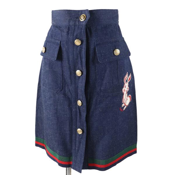 極美品△GUCCI グッチ 521009 ウェブライン GGロゴボタン ラビット刺繍 デニム スカート インディゴブルー 38 伊製 正規品 レディース GUCCI（グッチ） 極美品△GUCCI 521009 ウェブライン GGロゴボタン