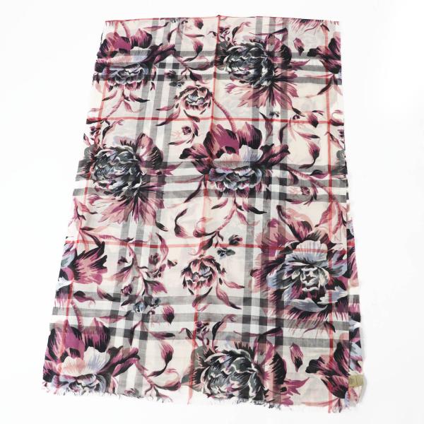 極美品◎BURBERRY バーバリー 4043946 シルク混 ノバチェック柄・花柄プリント 大判 ストール ストーン アッシュローズ 220×70cm 箱付き BURBERRY（バーバリー） 極美品◎BURBERRY 4043946 シルク混 ノバ