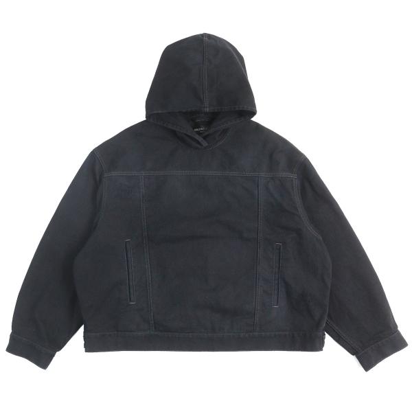 美品△BALENCIAGA バレンシアガ 22AW 719313 TNW54 DENIM FOODIE PULL-OVER PARKER コットン100％ ダメージ加工 デニムプルオーバーパーカー ブラック系 1 イタリア製 正規品 BALENCIAGA（バレンシアガ） 美品△BALENCIAGA 22AW 719313 TNW54
