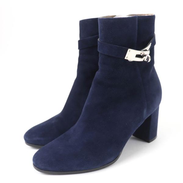 美品☆HERMES エルメス サンジェルマン シルバー金具 ケリーバックル スウェードレザー ショートブーツ ネイビー 36.5 伊製 レディース HERMES（エルメス） 美品☆HERMES サンジェルマン シルバー金具 ケリー