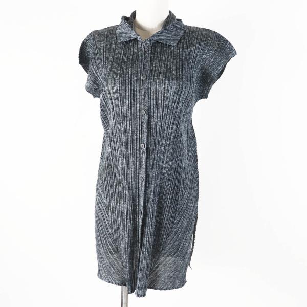 極美品◎PLEATS PLEASE プリーツプリーズ イッセイミヤケ PP51-JT188 裾変形 総柄デザイン フレンチスリーブ チュニック グレー系 3 日本製 正規品 レディース 極美品◎PLEATS PLEASE プリーツプリーズ イッセイミヤケ PP51
