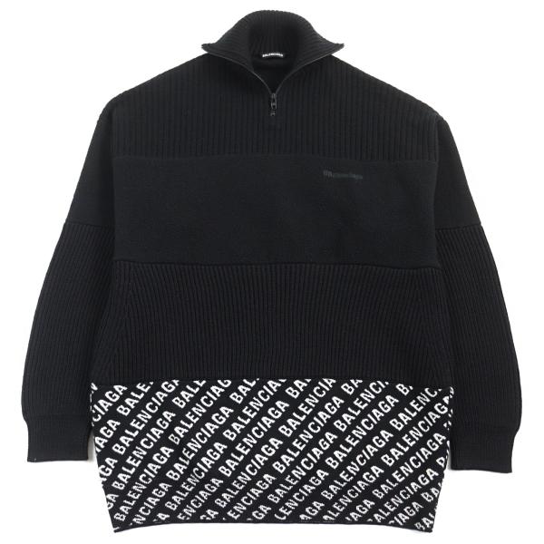 美品○BALENCIAGA バレンシアガ 20AW 641734 ロゴ総柄切替 オーバーサイズ ハーフジップ ニット セーター ブラック ホワイト XS イタリア製 正規品 メンズ BALENCIAGA（バレンシアガ） 美品○BALENCIAGA 20AW 641734 ロゴ総柄