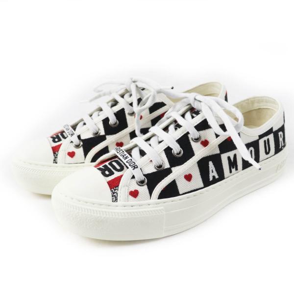 美品◎Christian Dior クリスチャンディオール WALK’N’DIOR キャンバス レザー使い スニーカー ホワイト ブラック レッド 37 箱・保存袋 美品◎Christian Dior クリスチャンディオール WALK'N'DIOR キャンバス
