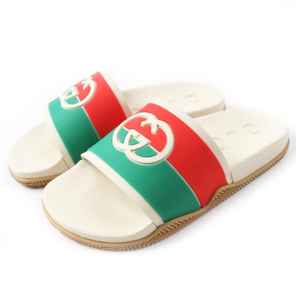 未使用品◎GUCCI グッチ 655641 インターロッキングG ラバー レザー スライドサンダル／シャワーサンダル ベージュ 緑 赤 約37 箱・袋付き GUCCI（グッチ） 未使用品◎GUCCI 655641 インターロッキングG ラバー