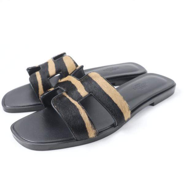 美品☆HERMES エルメス オラン フラット ミュール ハラコ レザー サンダル ブラック ブラウン 37.5 箱・保存袋付 伊製 正規品 レディース HERMES（エルメス） 美品☆HERMES オラン フラット ミュール ハラコ