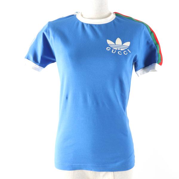 未使用品☆GUCCI×adidas  グッチ×アディダス 691637 コットン トレフォイルプリント 半袖Ｔシャツ ブルー S 伊製 正規品 レディース 未使用品☆GUCCI×adidas グッチ×アディダス 691637 コットン