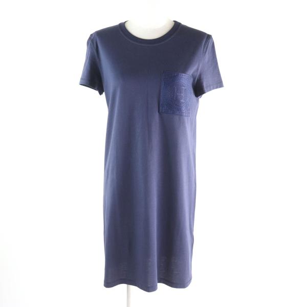 極美品★HERMES エルメス 23SS 3E4509DL コットン100％ Hロゴ刺繍入り ポケット付 クルーネック 半袖 ワンピース ネイビー 36 正規品 HERMES（エルメス） 極美品☆HERMES 23SS 3E4509DL コットン100％ H
