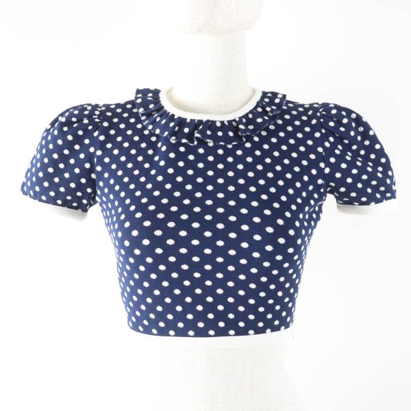 美品☆MIUMIU ミュウミュウ 2020年製 MJN277 1DVC ドット柄 クロップド丈 半袖 ニット ネイビー ホワイト XS 伊製 正規品 レディース miu miu（ミュウミュウ） 美品☆MIUMIU 2020年製 MJN277 1DVC ドット柄