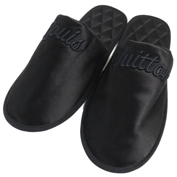 極美品△LOUIS VUITTON ルイヴィトン LVスイートライン ロゴ刺繍 サテン スリッパ ルームシューズ ブラック 38-39 保存袋付き イタリア製 LOUIS VUITTON（ルイ・ヴィトン） 極美品△LOUIS VUITTON LVスイート