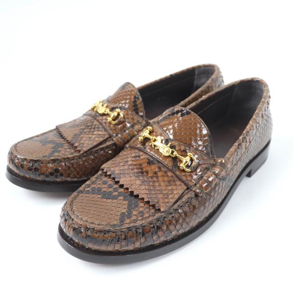 極美品☆CELINE セリーヌ ルコ  サルキー パイソンレザー ローファー ブラウン ゴールド金具 39 保存袋付き イタリア製 レディース CELINE（セリーヌ） 極美品☆CELINE ルコ サルキー パイソンレザー