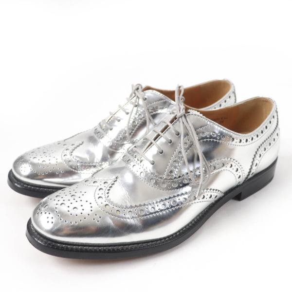 美品☆CHURCHS チャーチ バーウッド ウイングチップ フルブローグ レザー レザーシューズ シルバー 37 保存袋付 イタリア製 レディース Church's（チャーチ） 美品☆CHURCHS バーウッド ウイングチップ