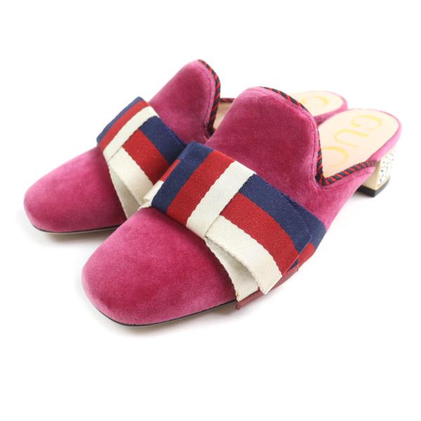 未使用品★GUCCI グッチ 496562 ウェブリボン ビジュー付 スクエアトゥ ベロア ミュール サンダル ピンク 35 箱・保存袋付き 伊製 正規品 GUCCI（グッチ） 未使用品☆GUCCI 496562 ウェブリボン ビジュー付