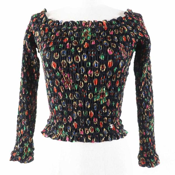 極美品◎CHANEL シャネル P70157 ココマーク 総柄 オフショルダー シャーリング ブラウス ブラック マルチ 34 伊製 正規品 レディース CHANEL（シャネル） 極美品◎CHANEL P70157 ココマーク 総柄 オフ
