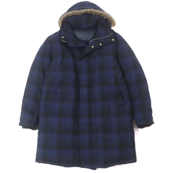 美品▼Paul Smith LONDON  ポールスミスロンドン ウール100% チェック柄 フード・エコファー付き ダブルジップアップ  ダウンジャケット ネイビー L 正規品 メンズ 美品▽ポールスミスロンドン ウール100% チェック柄 フード