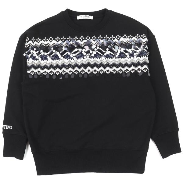 極美品△VALENTINO ヴァレンティノ コットン100％ ロゴ刺繍 ビーズ装飾 クルーネック 長袖 トレーナー スウェット ブラック XS 正規品 VALENTINO（ヴァレンティノ） 極美品△VALENTINO コットン100％ ロゴ