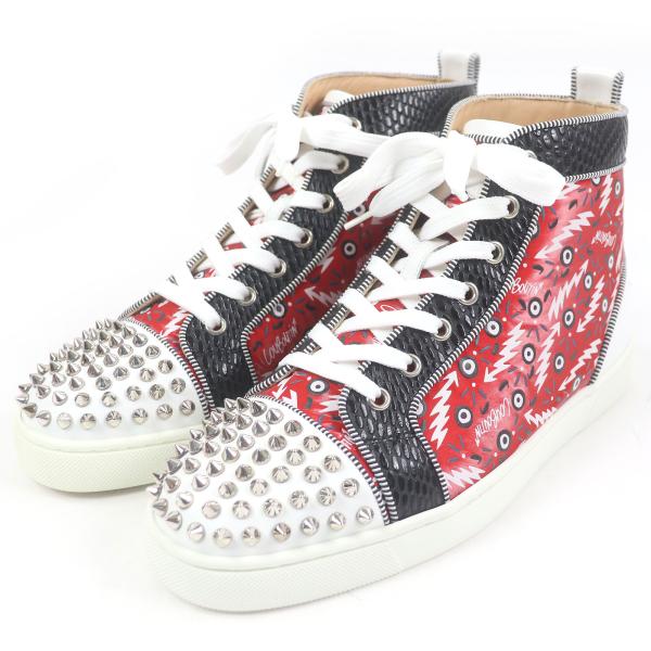 未使用品□クリスチャンルブタン Lou Spikes Orlato Flat スパイクスタッズ パイソン型押し ハイカットスニーカー レッド 40 イタリア製 Christian Louboutin（クリスチャンルブタン） 未使用品□クリスチャン