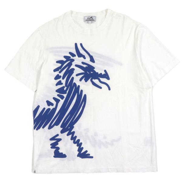 極美品▼HERMES エルメス コットン100% ドラゴンプリント クルーネック ショートスリーブ 半袖Ｔシャツ ホワイト S イタリア製 メンズ HERMES（エルメス） 極美品▽HERMES コットン100% ドラゴンプリント