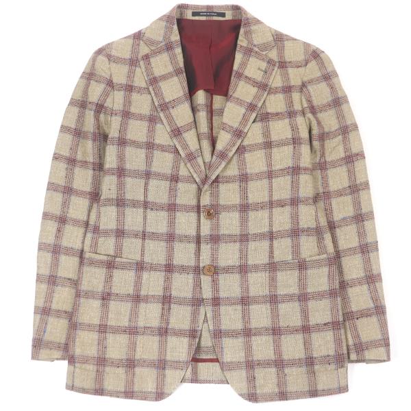 極美品□TAGLIATORE タリアトーレ Brilla シルク リネン チェック柄 シングル アンコンジャケット ベージュ 48 イタリア製 正規品 極美品□TAGLIATORE タリアトーレ Brilla シルク リネン チェック柄