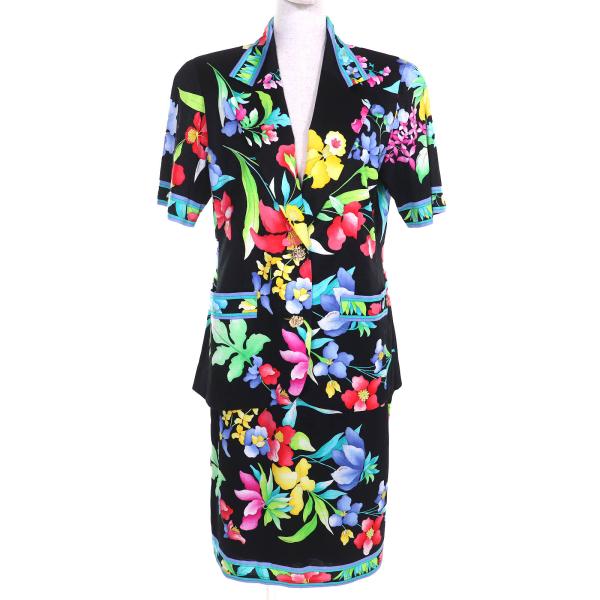 美品△LEONARD FASHION レオナールファッション 0301102/0302102 コットン100% 花柄 ロゴ金ボタン 半袖ジャケット スカート セットアップ 美品△LEONARD FASHION レオナールファッション 0301102/0302102