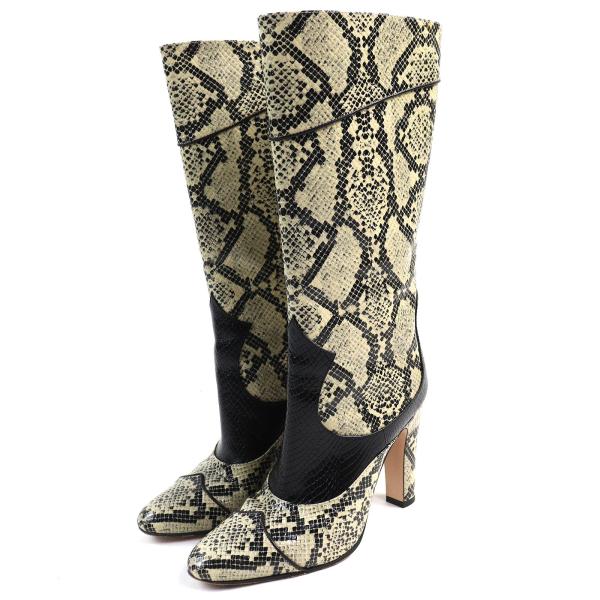 美品△GUCCI グッチ 699416 パイソン柄 サイドジップ レザー ロングブーツ ハイヒール ベージュ ブラック 37 イタリア製 レディース GUCCI（グッチ） 美品△GUCCI 699416 パイソン柄 サイドジップ レザー
