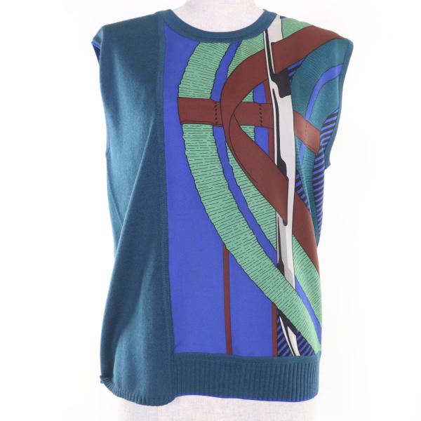 極美品☆HERMES エルメス シルク100％ ウール ツイルレーヌ ノースリーブニット トップス ブルーグリーン 38 伊製 正規品 レディース HERMES（エルメス） 極美品☆HERMES シルク100％ ウール ツイルレーヌ