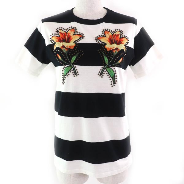 極美品△GUCCI グッチ 422730 コットン100％ Mare Gothicum フラワー スタッズ ボーダー柄 クルーネック 半袖Ｔシャツ ブラック ホワイト オレンジ グリーン M イタリア製 正規品 レディース GUCCI（グッチ） 極美品△GUCCI 422730 Mare Gothicum フラワー