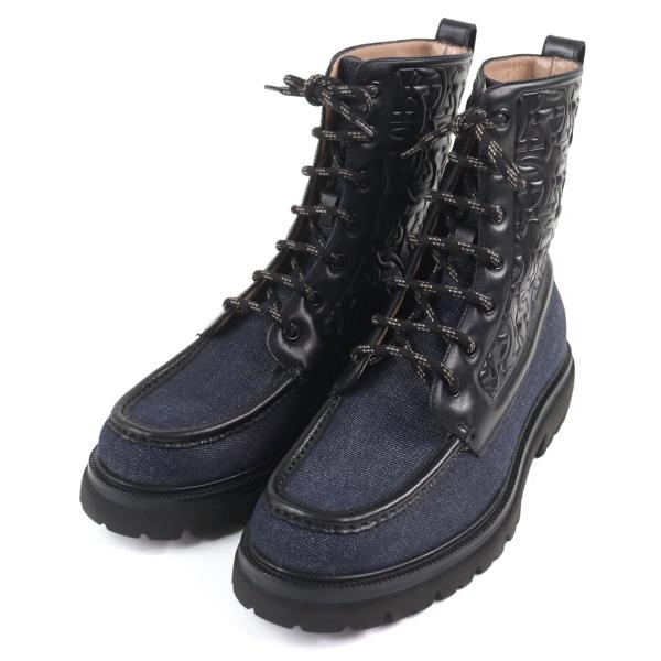 未使用品○Salvatore Ferragamo サルヴァトーレフェラガモ NAVAL2 デニム レザー ガンチーニエンボス レースアップ コンバットブーツ ネイビー ブラック 7 イタリア製 メンズ 未使用品○Salvatore Ferragamo サルヴァトーレフェラガモ NAVAL2