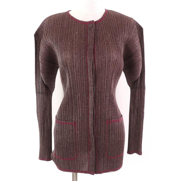 極美品△PLEATS PLEASE プリーツプリーズ イッセイミヤケ PP12-JD265 ツイード転写プリント カーディガン ダークブラウン 3 正規品 brand-td-store_00038326