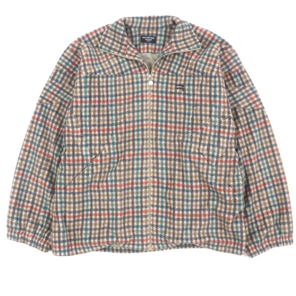 美品▼バレンシアガ ワードローブ 21AW 675648 TRACKSUIT JAKET スポーティB チェック柄 ロゴ刺繍 ZIPUP フリースジャケット 46 正規品 brand-td-store_00038627