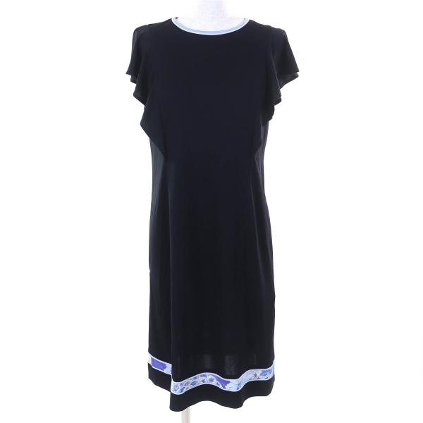 美品△LEONARD FASHION レオナール ファッション 一部花柄 クルーネック 半袖 ワンピース ネイビー 38 日本製 正規品 レディース 美品△LEONARD FASHION レオナール ファッション 一部花柄 クルー