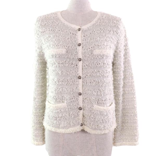 FOXEY - 極美品★FOXEY フォクシー 35348 リボンツイード クルーネック 長袖 カーディガン トップス ホワイト 38 日本製 正規品 レディース FOXEY（フォクシー） 極美品☆FOXEY 35348 リボンツイード クルー