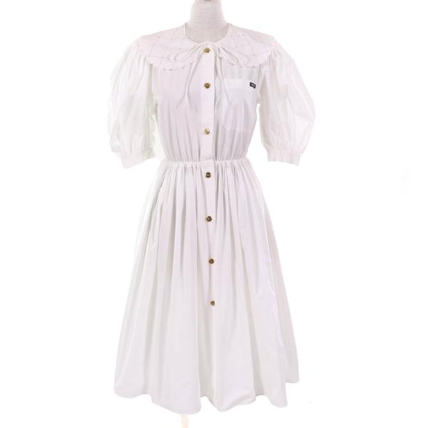miu miu 半袖コート ベージュ パフスリーブ 42 ワンピース 襟 フレア 未使用△Miu Miu ミュウ 22SS MF4512 コットン100% 襟エンブロイダリー