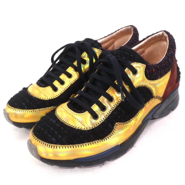 美品△CHANEL シャネル G30422 ココマーク ツイード切替 スウェードレザー使 スニーカー メタリックイエロー ブラック ブラウン 35 袋付 CHANEL（シャネル） 美品△CHANEL G30422 ココマーク ツイード切替