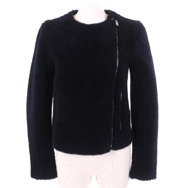 極美品△CELINE セリーヌ 2 5K10/5525 フィービー期 ラムスキン ムートン シアリング ノーカラー ライダース ジャケット 紺色 34 正規品 CELINE（セリーヌ） 極美品△CELINE 2 5K10/5525 フィービー期