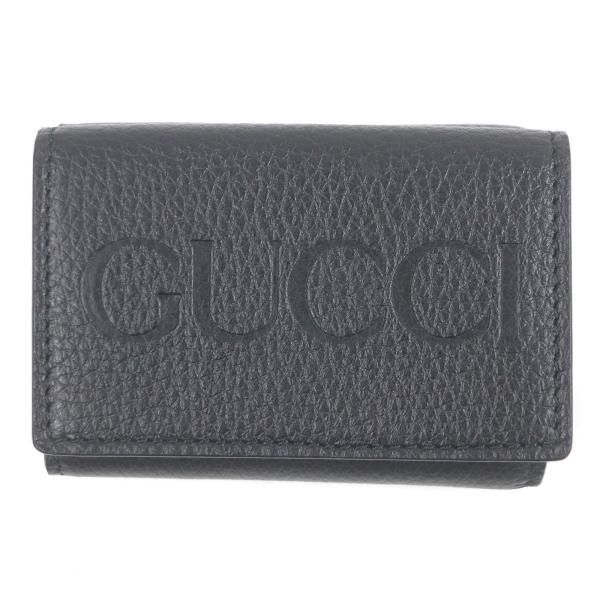 美品 希少品 グッチ 三つ折り財布736151 エンボスロゴ レザー ブラック GUCCI（グッチ） 未使用品□GUCCI 736151 レザー エンボスロゴ