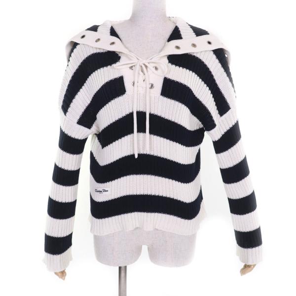 極美品★Christian Dior クリスチャンディオール 25SS 524S13A7025 コットン100％ ボーダー セーラーカラー 長袖 ニット ホワイト ネイビー 40 イタリア製 正規品 レディース 極美品☆Christian Dior クリスチャンディオール 25SS 524S13A7025